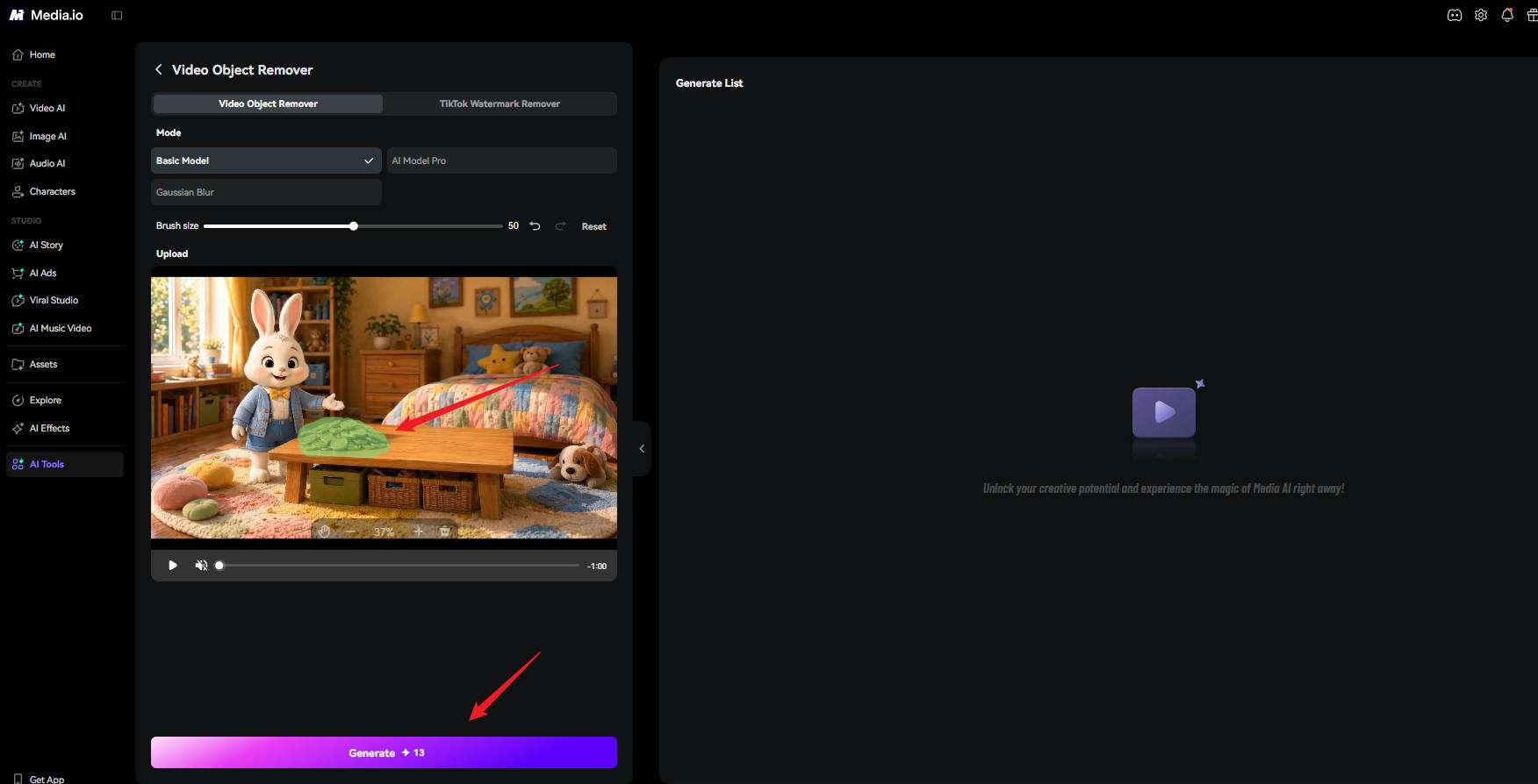 select area to remove text from video on media.io